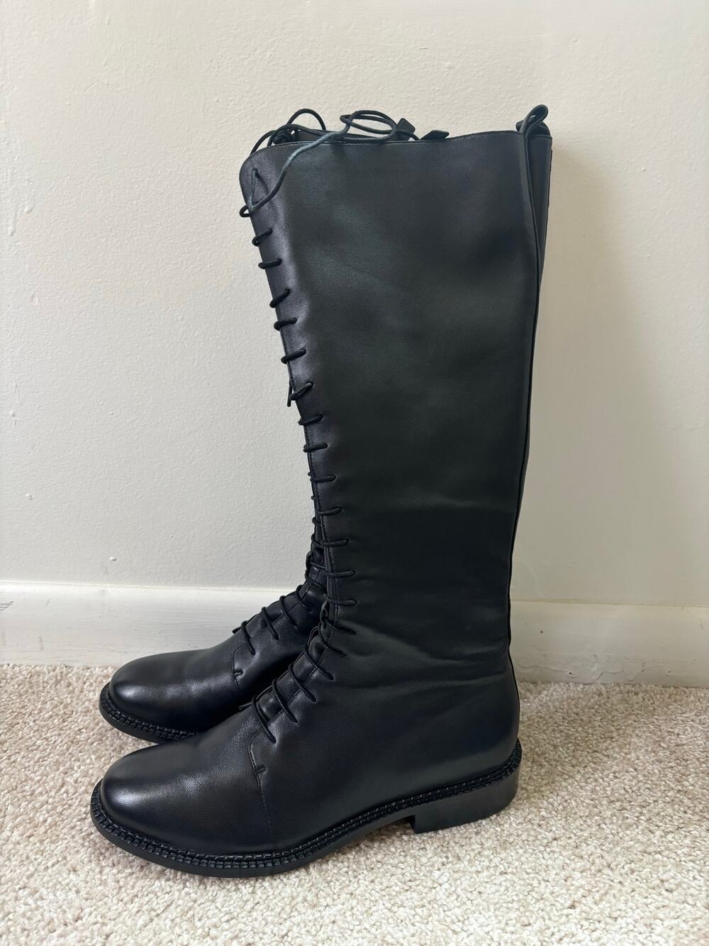 Vince Cabria Black Leather Lace Up Knee Boots Side Zip Womens 10M EU 40